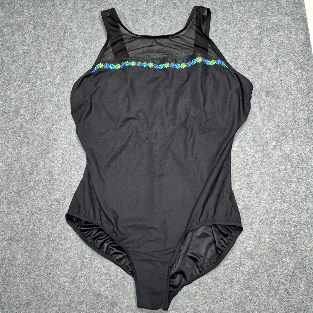 Vintage Basic Editions Black Swimsuit,‎ Size 22W, One Piece Mesh Top Daisies NEW